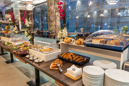 Restaurant interior with food buffet tableの写真素材