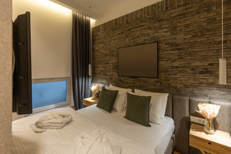 Interior of a hotel bedroom with master bedの写真素材