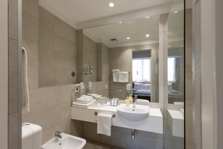 Interior of a modern bathroom with shower cabinの写真素材