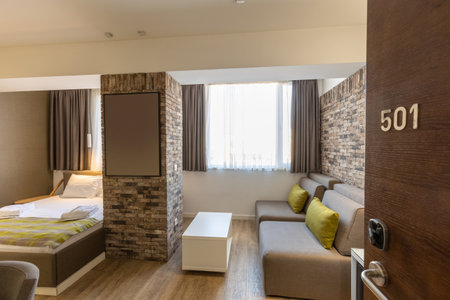 Interior of a hotel bedroom with master bedの写真素材