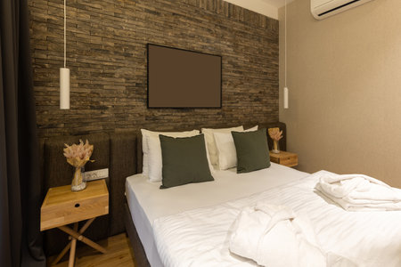 Interior of a hotel bedroom with master bedの写真素材