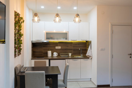 Kitchen interior with dining areaの写真素材