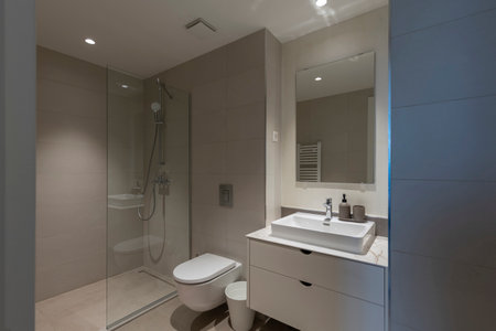 Bathroom interior with glass shower cabinの写真素材