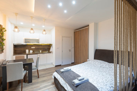 Bedroom interior in rental apartmentの写真素材