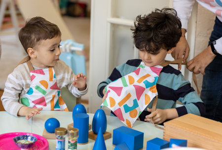 Kids playing in montessori kindergartenの写真素材