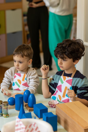 Kids playing in montessori kindergartenの写真素材