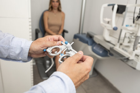 Eye doctor holding glases for vision exemination. Eye exam and vision testingの写真素材