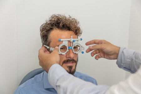 Eye exam and vision testing, Examination of the eyes and vision, doctor determines the diopter to a man patientの写真素材