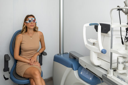 Eye exam and vision testing. Doctor performing the vision testsの写真素材