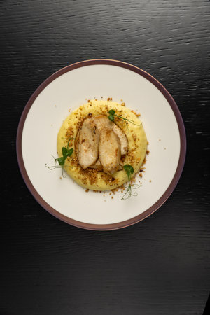 Turkey meat served with mashed potato, top viewの写真素材