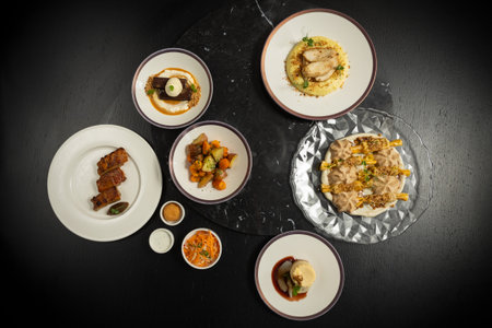 Top view of a fancy food on black tableの写真素材