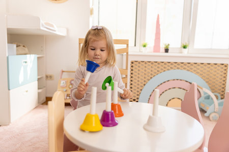Toddler girl playing with bells in the kindergartenの写真素材