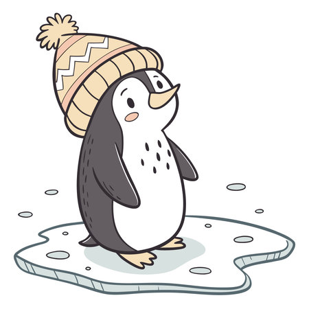 Cute penguin in a hat on ice. Vector illustration.のイラスト素材