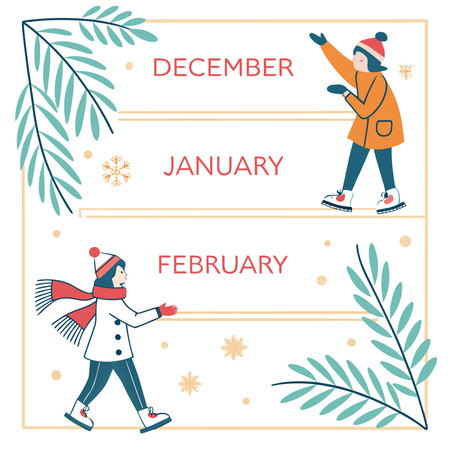 Vector illustration of a boy and girl in winter clothes on ice skating.のイラスト素材