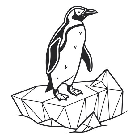 Penguin on a rock. Black and white vector illustration.のイラスト素材