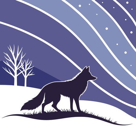 Illustration of a wolf on a winter landscape with trees and snowのイラスト素材