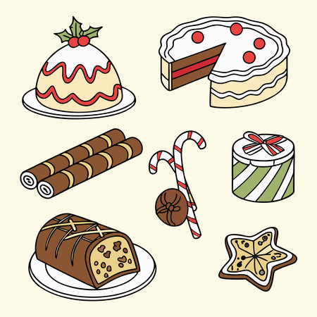 Set of Christmas cakes, candies, cookies and sweets. Vector illustration.のイラスト素材