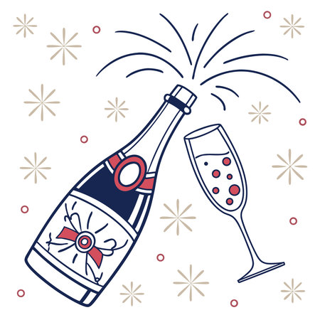 Champagne bottle and glass with fireworks. Vector illustration in doodle styleのイラスト素材