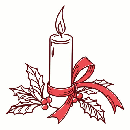 Christmas candle with holly berry and ribbon. Vector illustration.のイラスト素材