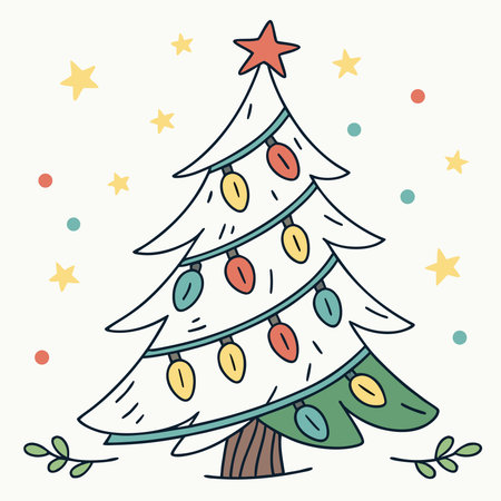Hand drawn vector illustration of a Christmas tree with ornaments.のイラスト素材