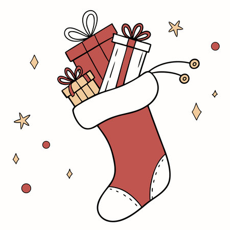 Christmas sock with gifts. Vector illustration in doodle style.のイラスト素材