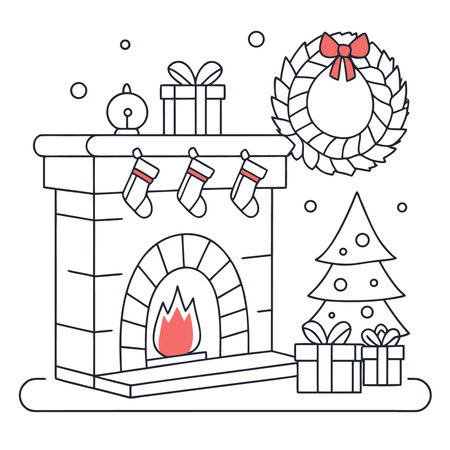 Christmas fireplace with gifts and wreath. Line art vector illustration.のイラスト素材