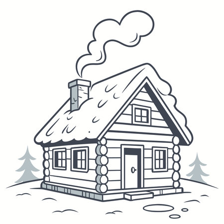 Vector illustration of a log house with chimney, snow and pipeのイラスト素材