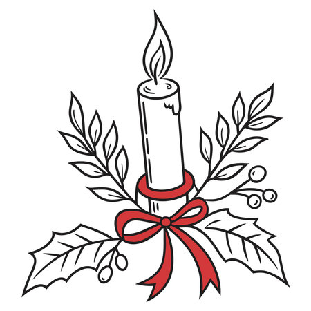 Christmas candle with holly berry and ribbon. Vector illustration.のイラスト素材