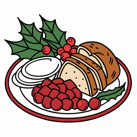 Sushi and rolls on plate with holly leaves. Vector illustration.のイラスト素材