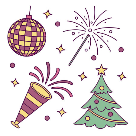party hat with christmas tree and fireworks vector illustartion graphic designのイラスト素材