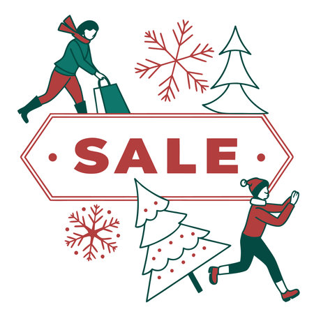 Vector illustration of a Christmas sale banner with a man and a woman with shopping bags.のイラスト素材