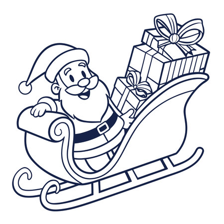Santa Claus with gifts on a sleigh. Vector outline illustration.のイラスト素材