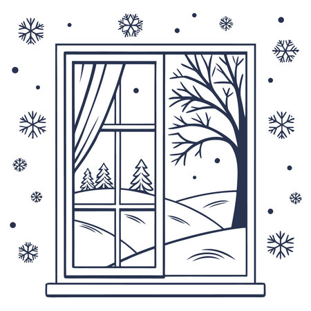 Window with snowflakes. Winter landscape. Vector illustration in outline style.のイラスト素材