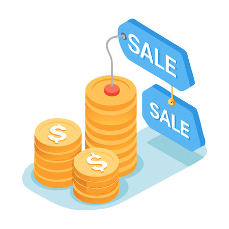 Sale banner with gold coins. Isometric 3d illustration.のイラスト素材