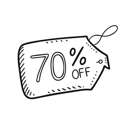 Sale tag with 70 percent discount. Hand drawn doodle vector illustration.のイラスト素材