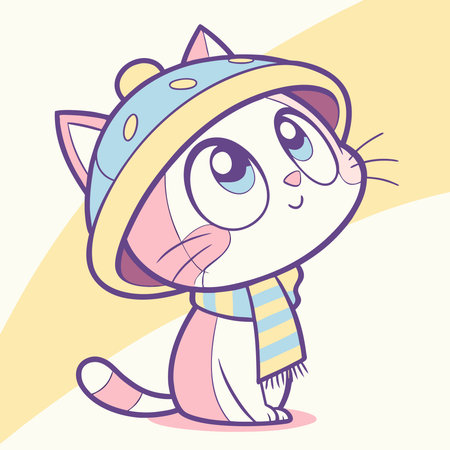 Cute cartoon cat in a hat and scarf. Vector illustration.のイラスト素材