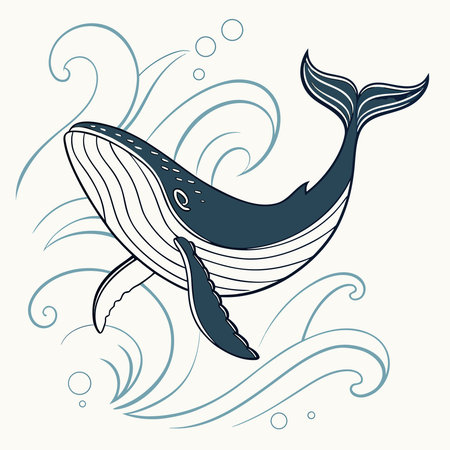 Cute hand drawn whale with waves. Vector illustration in doodle style.のイラスト素材