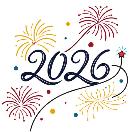 Happy New Year 2016 hand drawn lettering with fireworks. Vector illustration.のイラスト素材