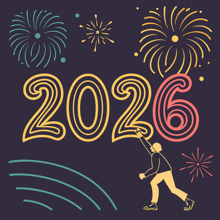 Happy new year 2016 greeting card. Vector illustration with fireworks and manのイラスト素材