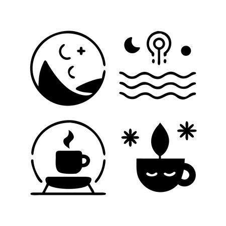Coffee icons set. Coffee cup, hot drink, coffee beans, moon and stars. Vector illustrationのイラスト素材