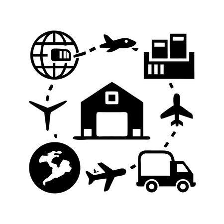 Logistics and transportation icons set. Cargo, shipping, logistics, global shipping, truck, plane, truck, house, car, truck, truck. Vector illustrationのイラスト素材