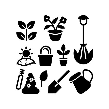 Gardening icon set. Plant, watering can, shovel, seedling, watering can, flowerpot, spade. Vector illustrationのイラスト素材