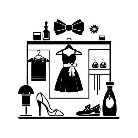 Black and white vector illustration of a shop window with clothes, shoes, perfume and accessoriesのイラスト素材