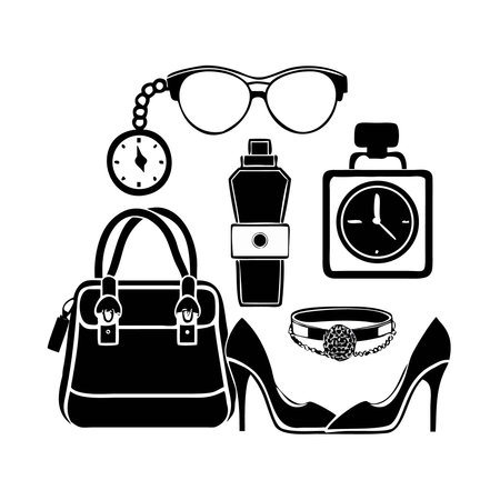 set of women's clothes and accessories icons over white background. vector illustrationのイラスト素材