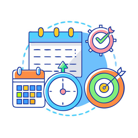 Time management concept. Vector illustration in flat linear style. Calendar, target, clock, arrow, calendar.のイラスト素材