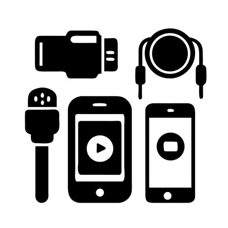 smartphone with earphones and video player icon over white background, silhouette style, vector illustrationのイラスト素材