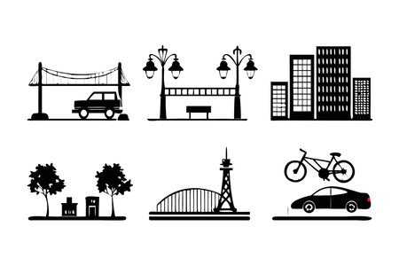 bicycle and city icons set over white background, silhouette style, vector illustrationのイラスト素材