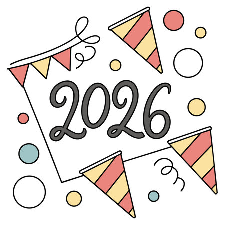 A cheerful illustration featuring the year 2026 surrounded by party hats, bunting, and confetti, perfect for New Years or celebratory designs.のイラスト素材