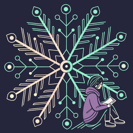 A digital illustration featuring a girl reading a book against a backdrop of a large, stylized snowflake on a dark background, creating a cozy winter scene.のイラスト素材