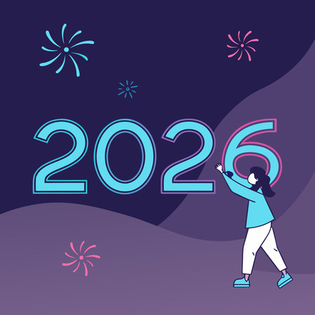 A woman celebrates the arrival of 2026 with fireworks in the background, symbolizing hope and new beginnings.のイラスト素材